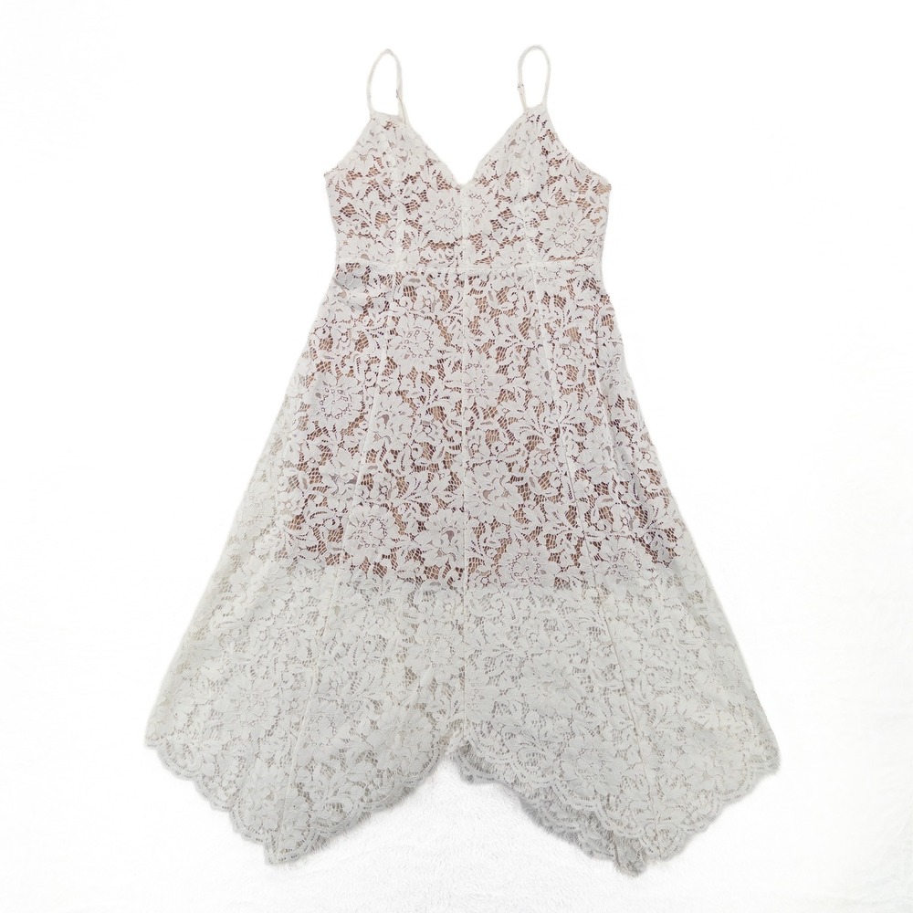 Lulus Womens Lace Midi Dress Large White Handkerchief Hem Floral V-Neck Cocktail